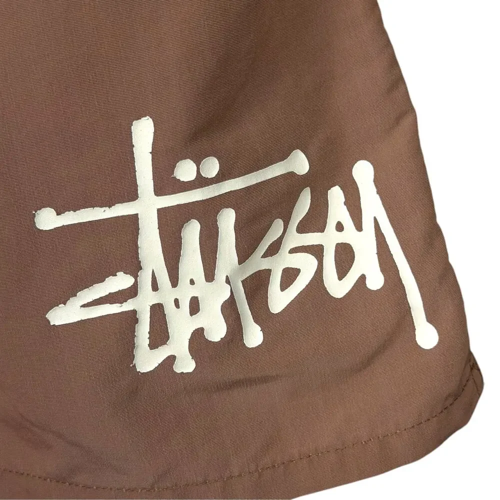 Stussy Big Basic Brown Water Shorts Men's Medium Tour Logo Swim Trunks Lined